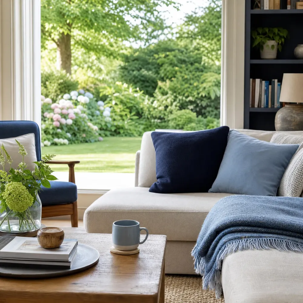 A living room with a cream sectional sofa holding navy and light blue cushions and a blue fringed throw, a wooden coffee table with books, a mug and a vase of green and white flowers, a navy armchair, a dark built-in bookshelf with a lamp, and an open doorway looking onto a lawn and flowering garden.
