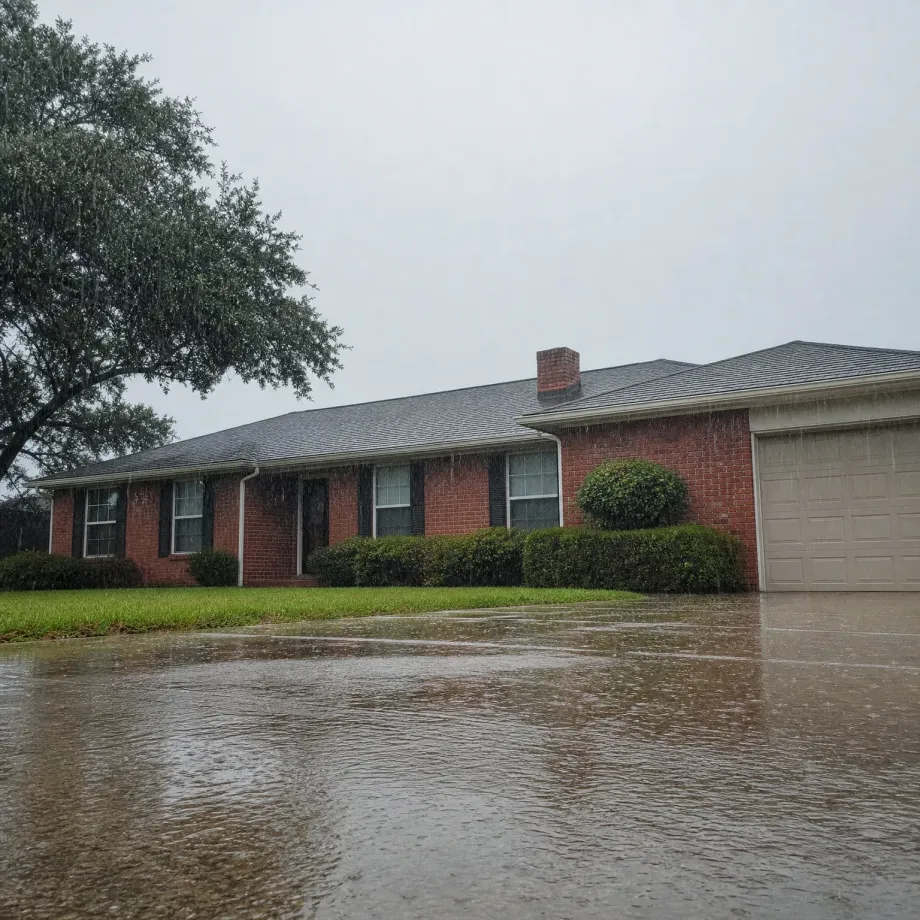 A single-story red brick house with a dark shingled roof, attached garage, trimmed hedges and a large tree at left, seen during rain with water pooling across the driveway in the foreground under a gray sky.