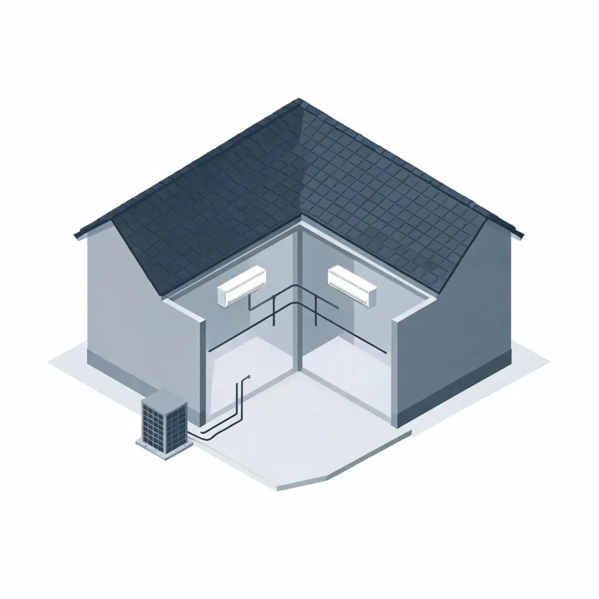 Isometric illustration of a cutaway gray house with a dark shingled roof, showing two wall-mounted indoor air conditioning units connected by piping to an outdoor condenser unit on the ground outside.