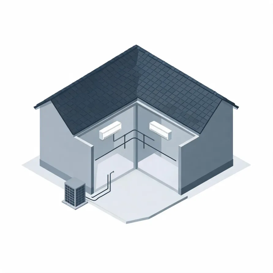Isometric illustration of a cutaway gray house with a dark shingled roof, showing two wall-mounted indoor air conditioning units connected by piping to an outdoor condenser unit on the ground outside.