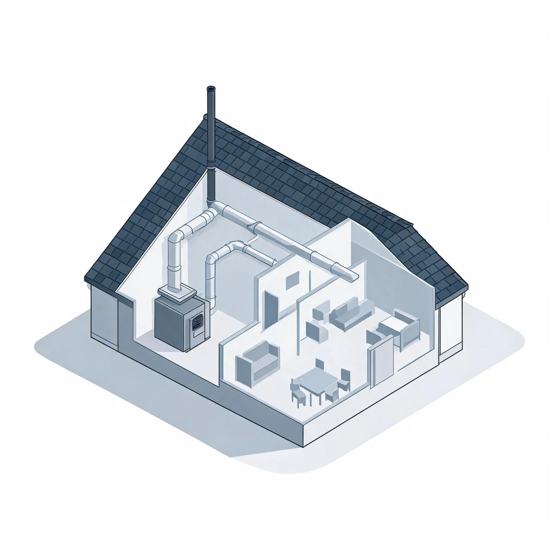Isometric cutaway illustration of a house with a shingled gable roof, showing a gray furnace unit connected to overhead ductwork and a chimney flue, with simplified furniture in the rooms below.