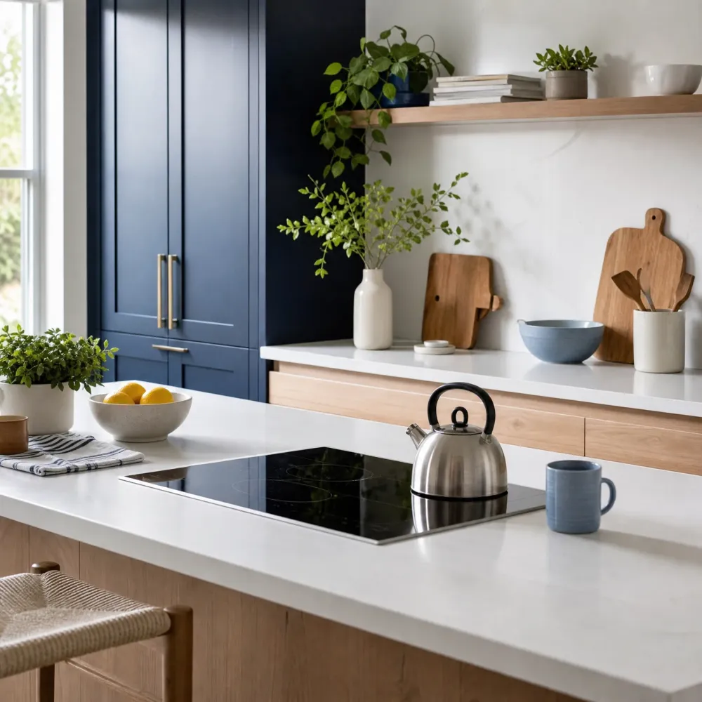A kitchen island with a white countertop holding a black induction cooktop, a stainless steel kettle, a blue mug, a bowl of lemons and a potted plant, with navy cabinets, a wood shelf with plants and books, cutting boards and a blue bowl in the background.