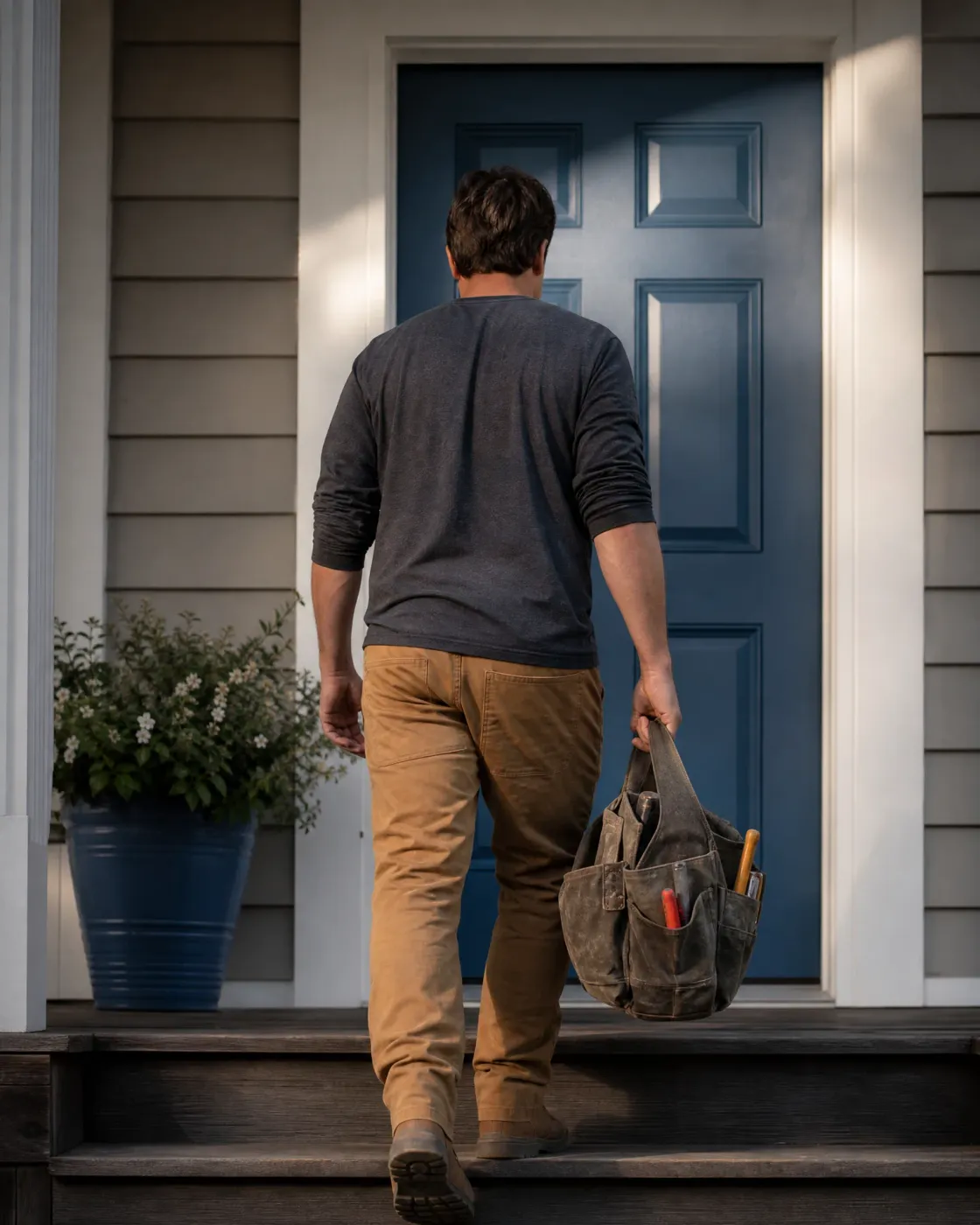 A man in a dark long-sleeved shirt and tan work pants, seen from behind, carries a canvas tool bag up porch steps toward a blue paneled front door of a house with light lap siding and a potted flowering plant.