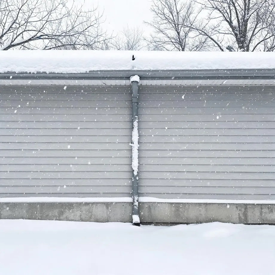 A gray horizontal-siding building wall with a snow-covered roof and gutter, a vertical downspout coated in snow, a concrete foundation, and bare trees above, during falling snow.
