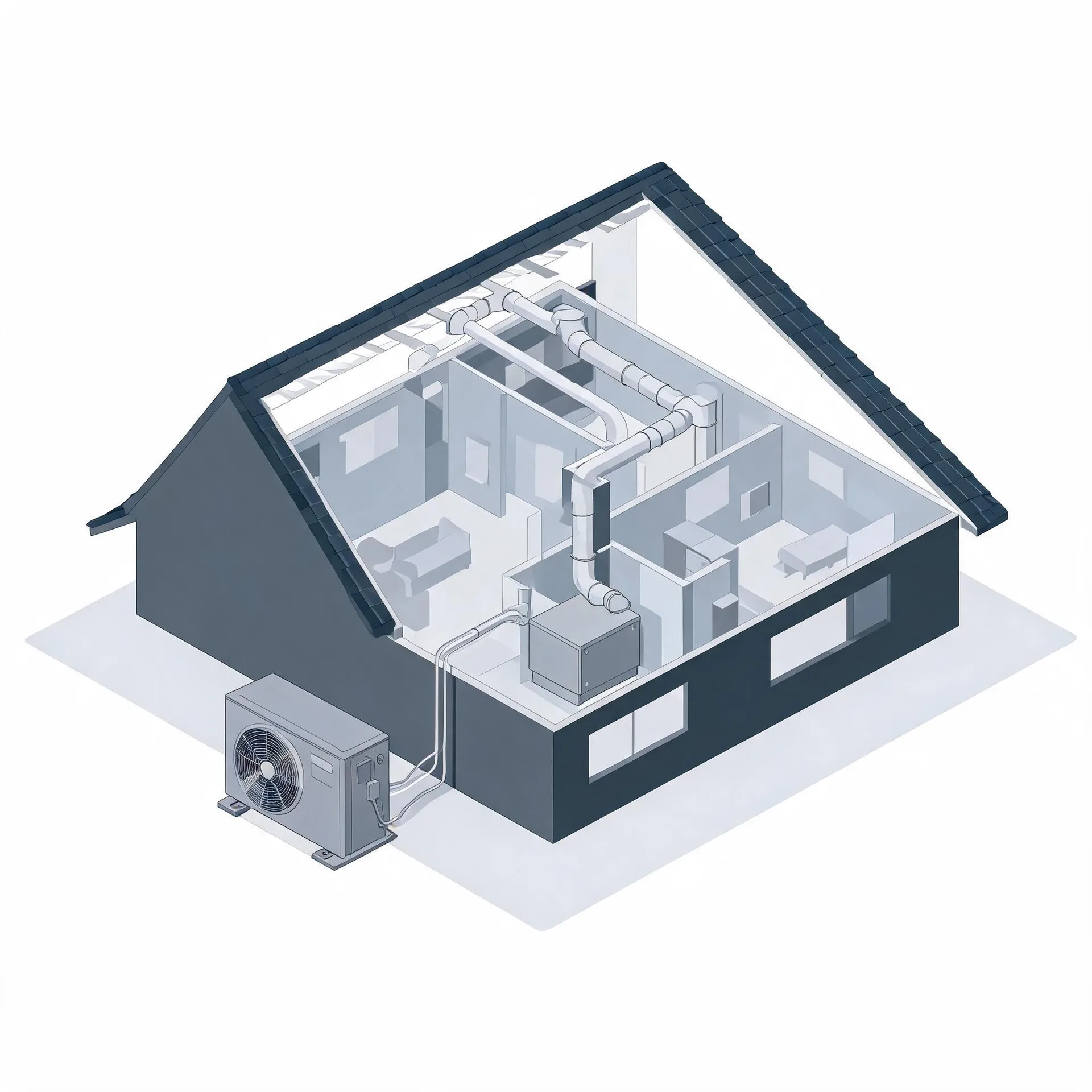 Isometric cutaway illustration of a single-story house with a dark gabled roof, showing interior rooms with ductwork leading to an indoor air handler and an outdoor condenser unit connected by lines on the ground outside.