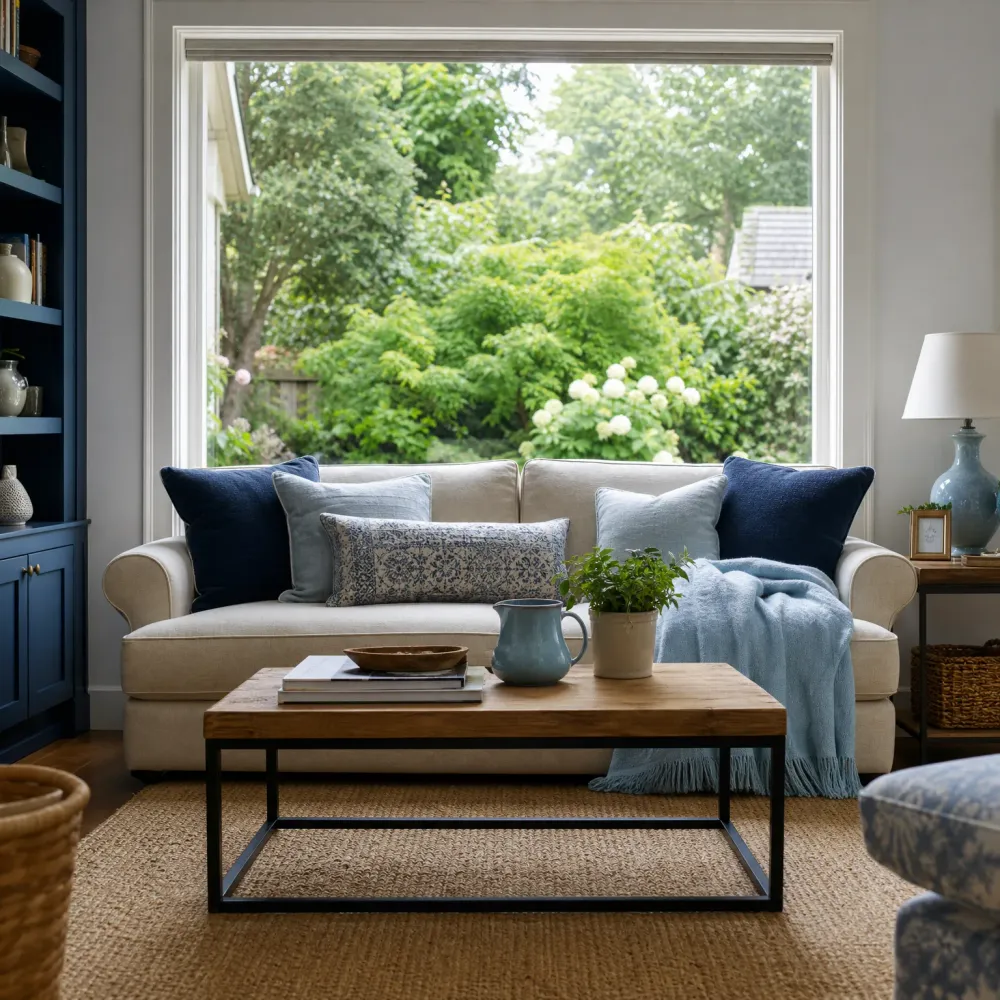 A living room with a cream sofa holding navy and light blue pillows and a blue throw, a wood-and-metal coffee table with books, a pitcher and potted plant, a jute rug, a navy built-in bookshelf at left, and a large window showing green trees and shrubs.