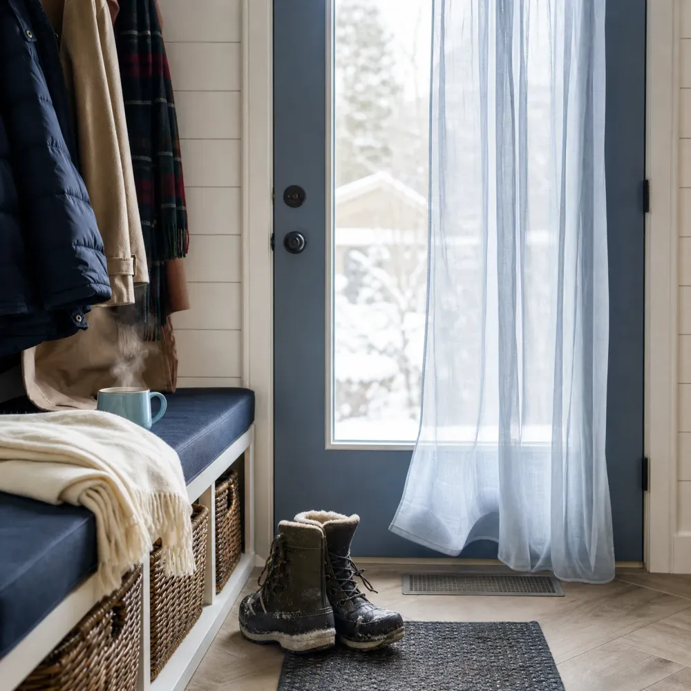 A mudroom with a navy cushioned bench holding a cream throw, woven storage baskets beneath, a steaming mug, coats and a plaid scarf on hooks, and snowy boots on a gray mat beside a dark blue door with a sheer curtain and a snow-covered view outside.