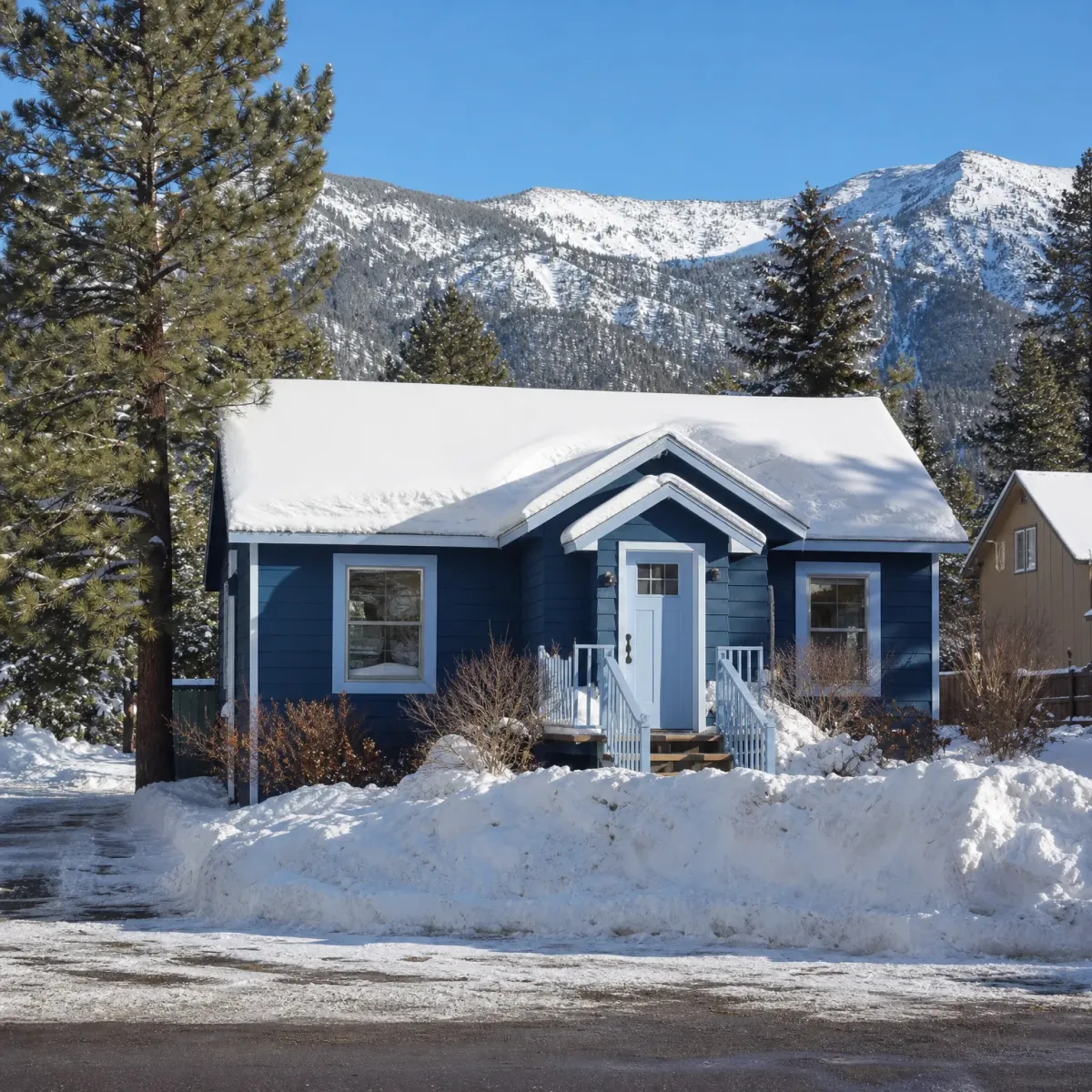 A blue single-story house with a snow-covered roof, white front door and railed steps, behind a plowed snowbank, with pine trees and snow-capped mountains in the background under a clear sky.