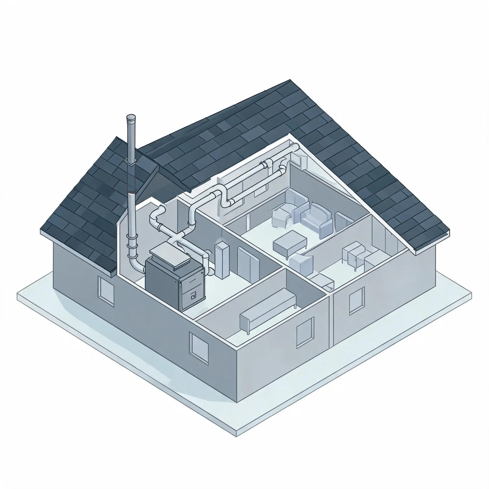 Isometric cutaway illustration of a single-story house with a dark shingled roof, showing interior rooms with furniture, ductwork, a flue pipe, and a furnace unit.