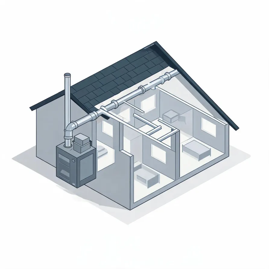 Isometric cutaway illustration of a small house showing interior rooms, ductwork running through the attic, and a furnace unit with a vertical flue pipe on the exterior wall.