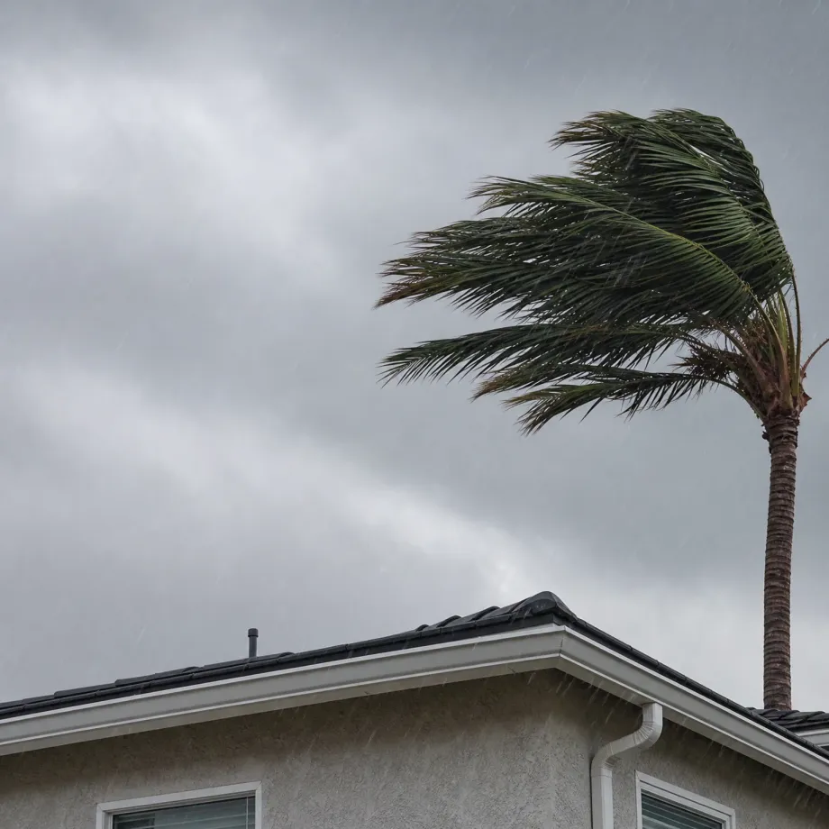 A palm tree with fronds blown to one side stands behind the corner of a stucco house with a dark tile roof and white gutters under an overcast, rainy sky.