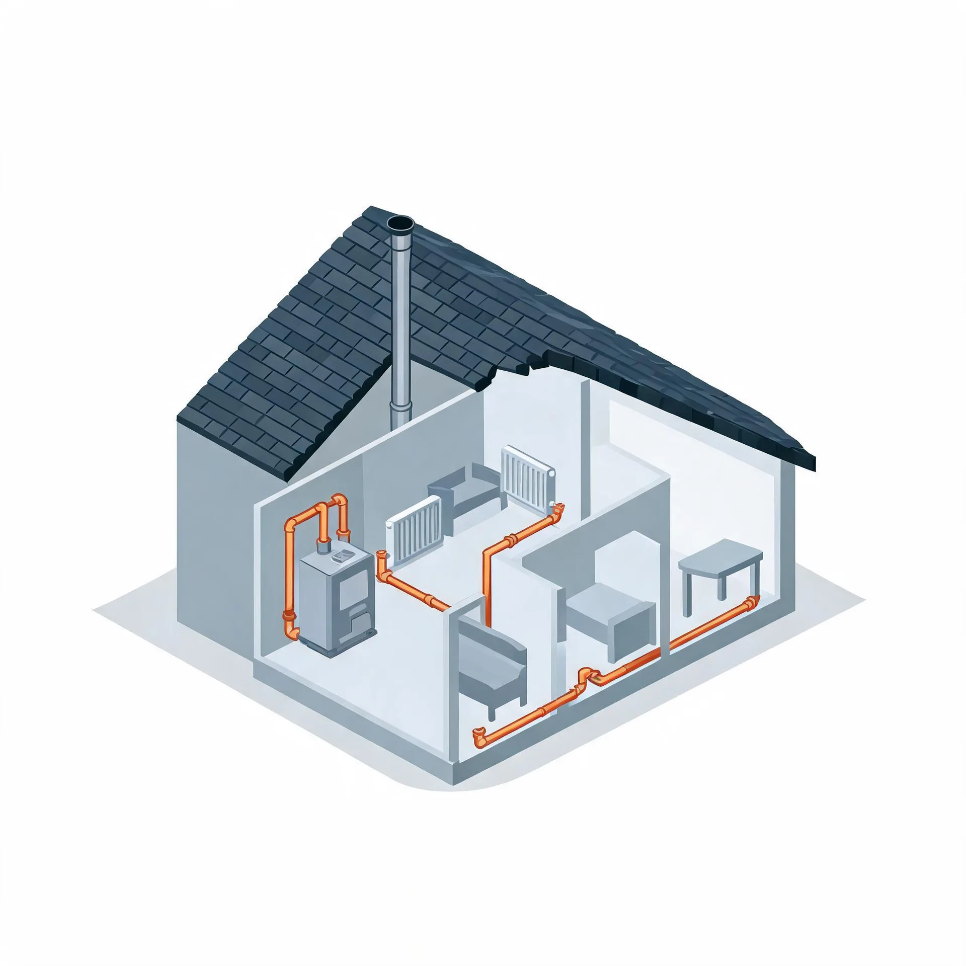 Isometric cutaway illustration of a small house with a dark tiled roof, showing a wall-mounted boiler with a flue, orange pipework running through rooms to radiators, and simple grey furniture.