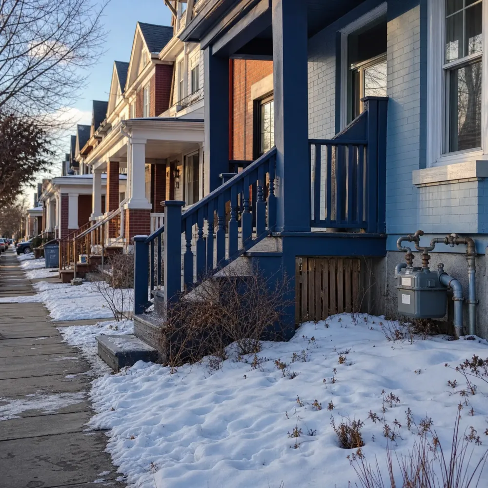 A row of houses along a snowy residential street, with a blue-painted porch and railing in the foreground, a gas meter and pipes on the wall, and a cleared sidewalk at left.