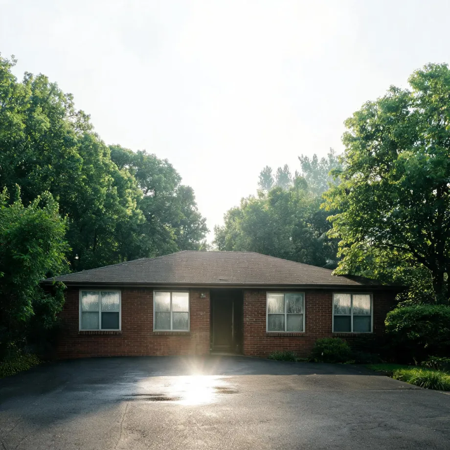 A single-story red brick house with a dark shingled hip roof, central door and four windows, fronted by a wide asphalt driveway and flanked by leafy green trees under a bright hazy sky.