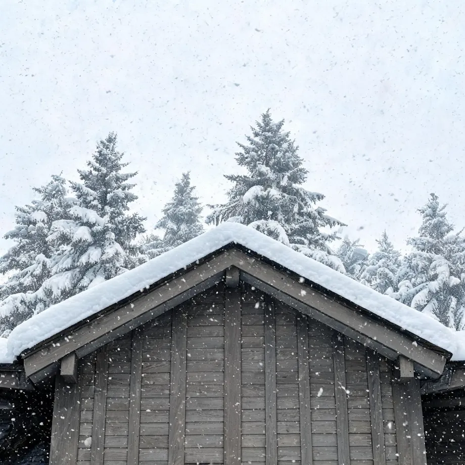 The gable end of a weathered wooden building with a snow-covered roof, backed by snow-laden conifer trees during falling snow.