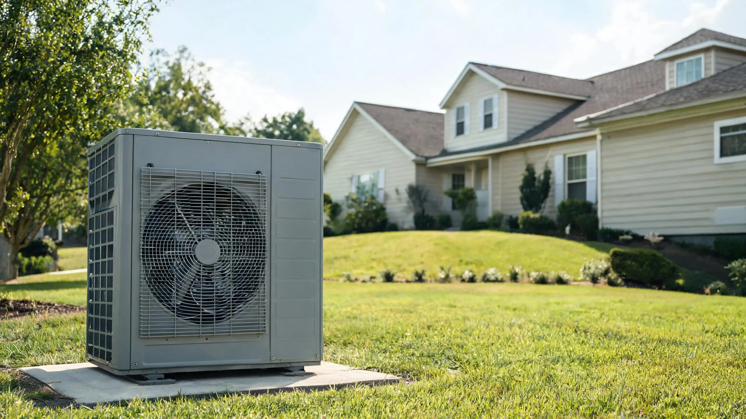 A gray outdoor HVAC condenser unit mounted on a concrete pad in the front yard of a two-story suburban house.