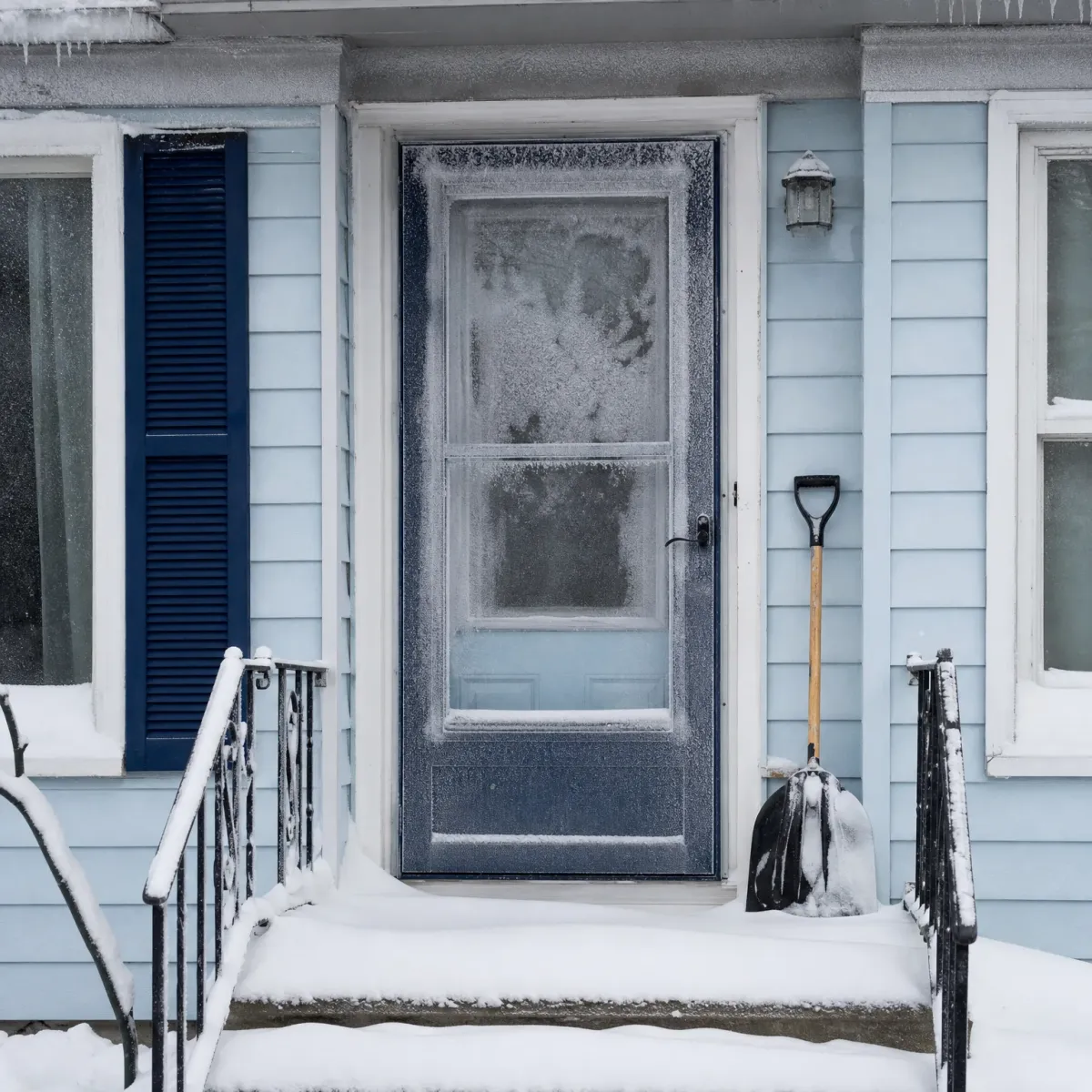 A frost-covered storm door on a pale blue clapboard house, with a snow shovel leaning beside it and snow covering the front steps and metal railings.