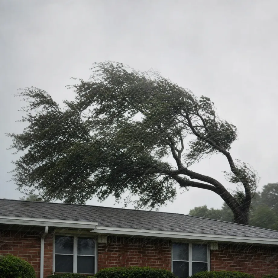 A large tree bends heavily to one side in wind and rain above a single-story brick house with a shingled roof and shrubs along the front, under an overcast gray sky.
