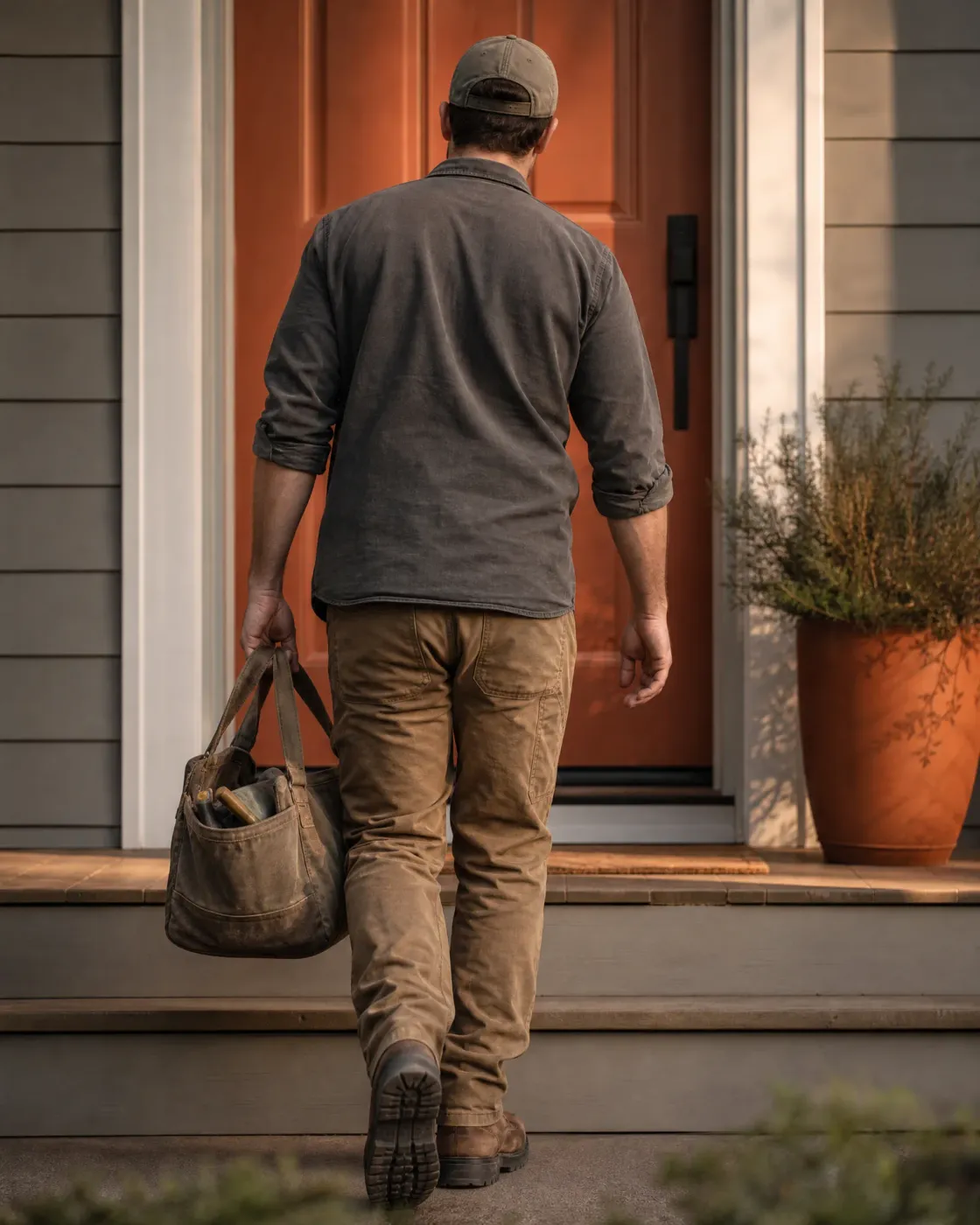 A man in a cap, dark shirt and tan work pants, seen from behind carrying a worn canvas tool bag, steps up onto a porch toward an orange front door beside a potted shrub.