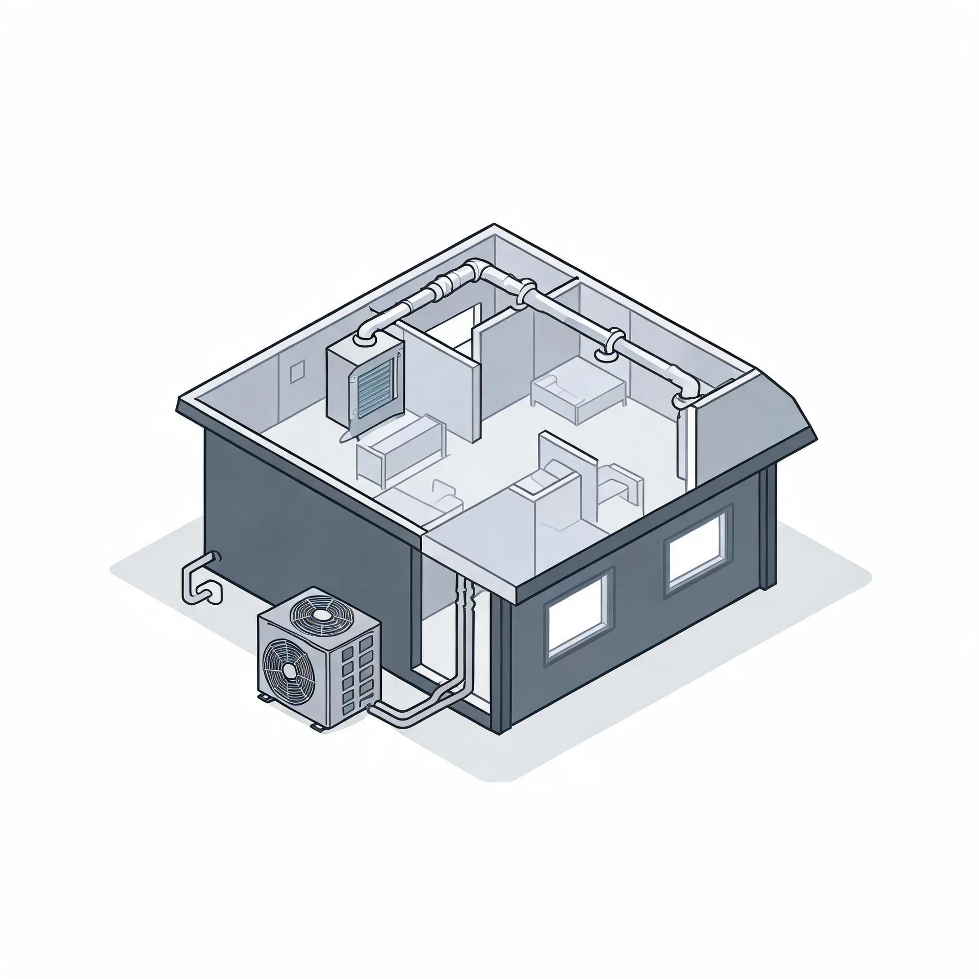 Isometric line illustration of a cutaway single-story building showing interior rooms, ceiling ductwork and an air handler, connected by lines to an outdoor condenser unit beside the exterior wall.