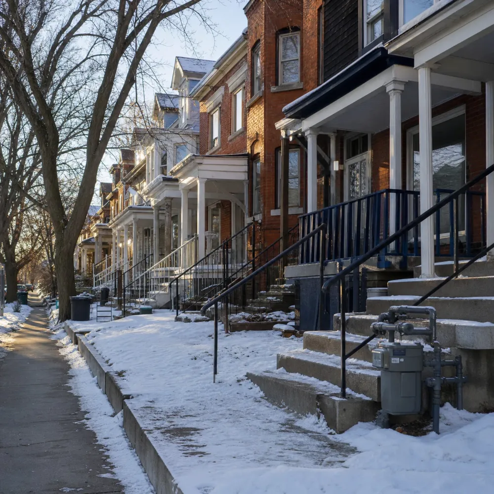 A row of brick houses with covered porches, concrete front steps and metal handrails along a snow-covered residential street with bare trees and a cleared sidewalk.