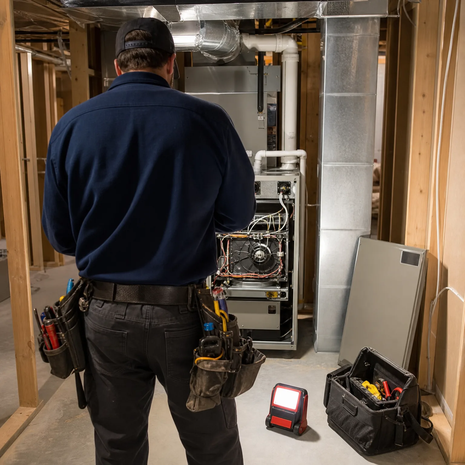 A man in a dark fleece, cap and tool belt stands with his back to the camera facing an open furnace with exposed blower and wiring in an unfinished basement, with ductwork, a removed access panel, a portable work light and an open tool bag nearby.