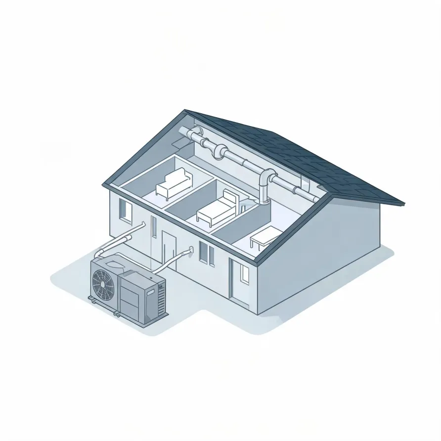 Isometric line illustration of a cutaway single-story house showing interior rooms with furniture and attic ductwork connected to an outdoor condenser unit beside the building.