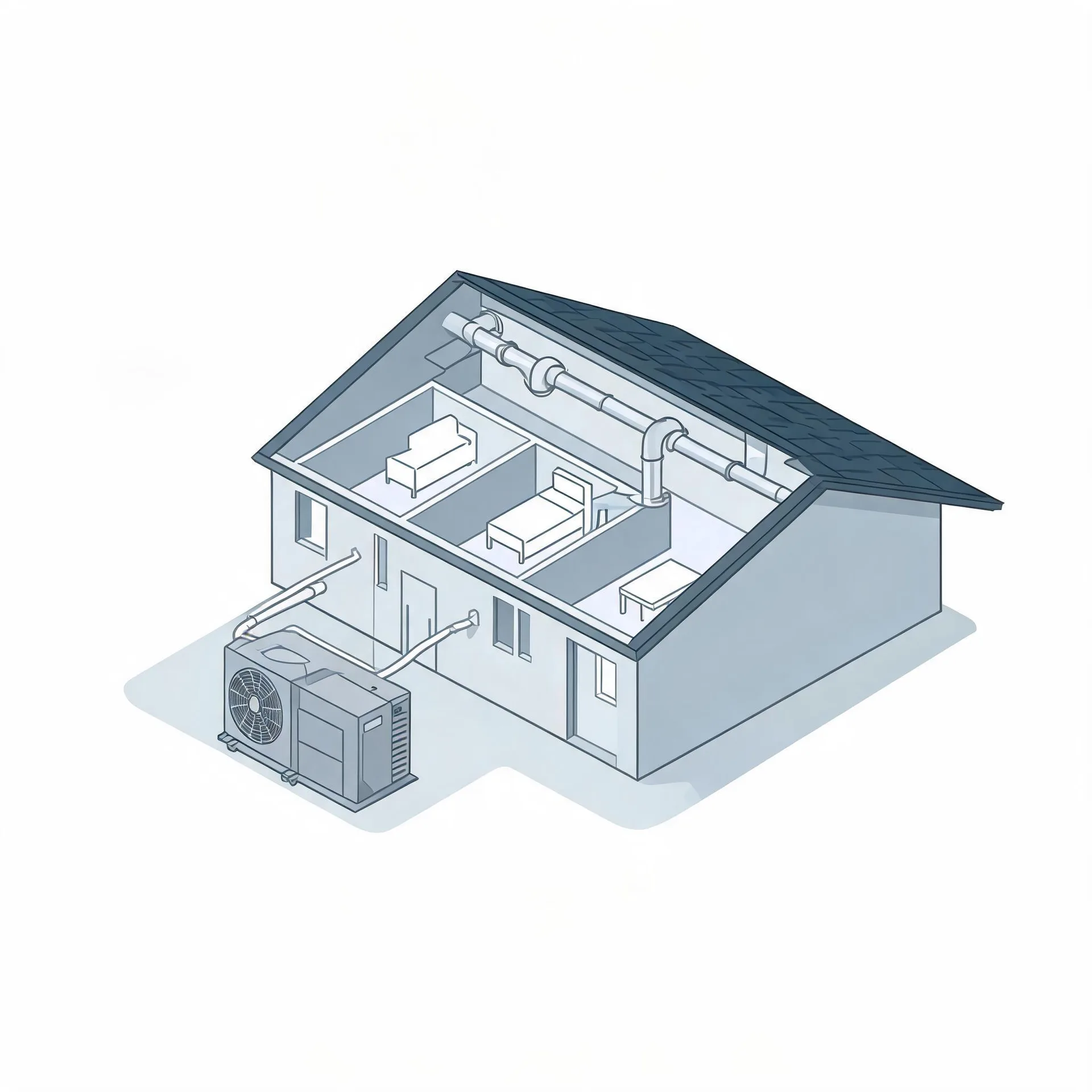 Isometric line illustration of a cutaway single-story house showing interior rooms with furniture and attic ductwork connected to an outdoor condenser unit beside the building.