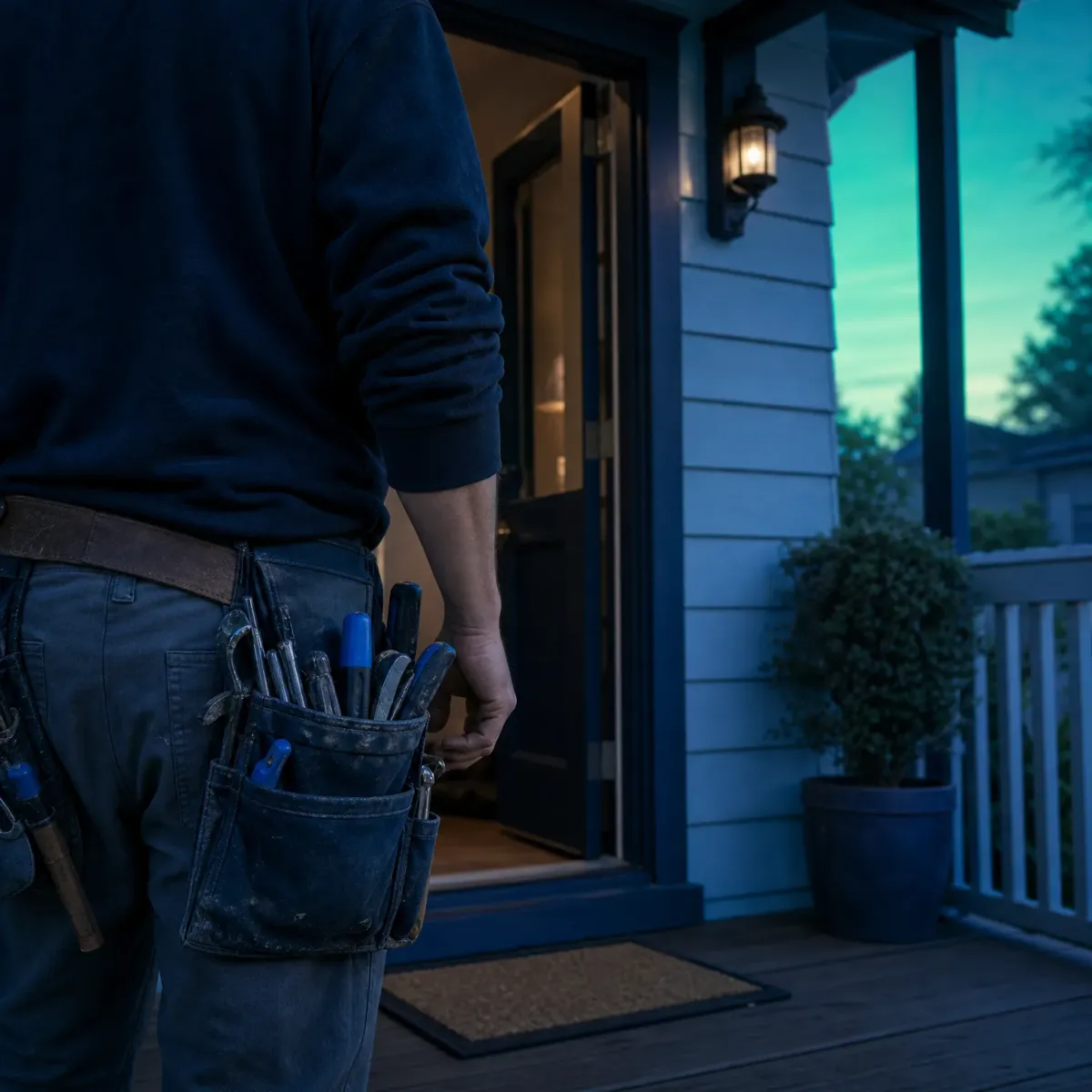 A person in a dark long-sleeved shirt with a tool pouch on their belt stands with their back to the camera at an open front door of a house at dusk, with a lit porch lamp, doormat, and potted shrub nearby.