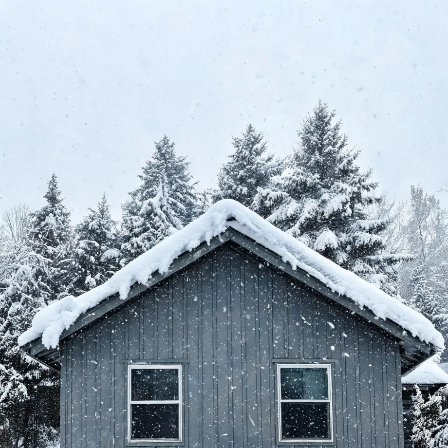 Gable end of a gray vertical board-and-batten building with two white-framed windows, its roof edged with thick snow, backed by snow-covered evergreen trees during falling snow.