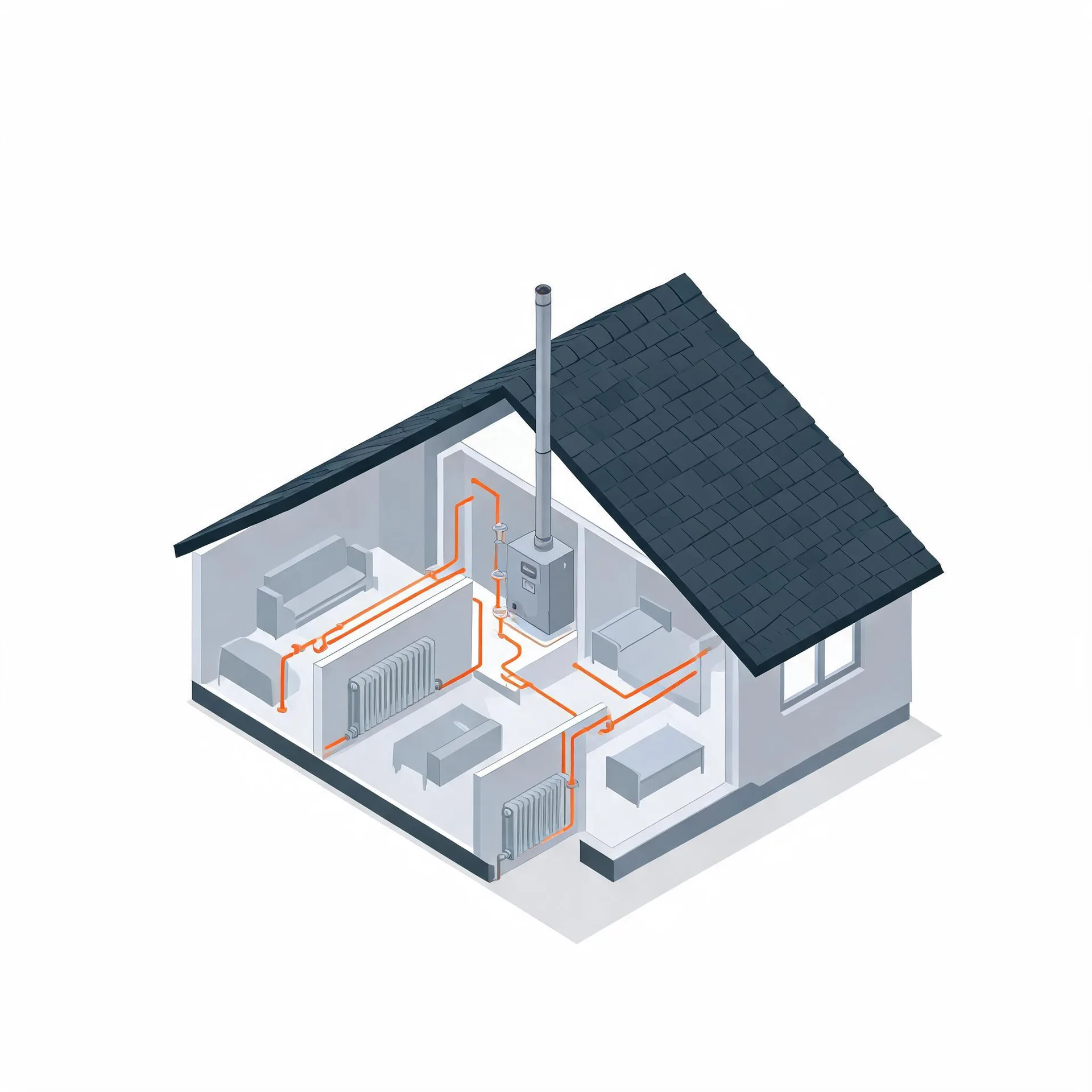 Isometric cutaway illustration of a single-storey house with a dark shingled roof, showing a boiler with a flue, orange pipework running through rooms to radiators, and simple grey furniture.