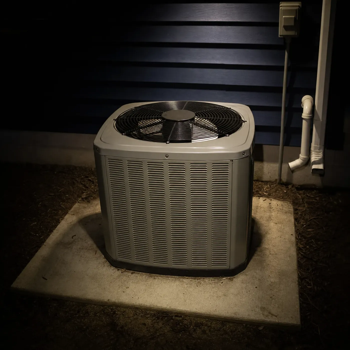 A gray outdoor condenser unit with a top-mounted fan grille sits on a concrete pad beside a dark horizontal-sided wall with PVC pipes and an electrical box, lit at night.