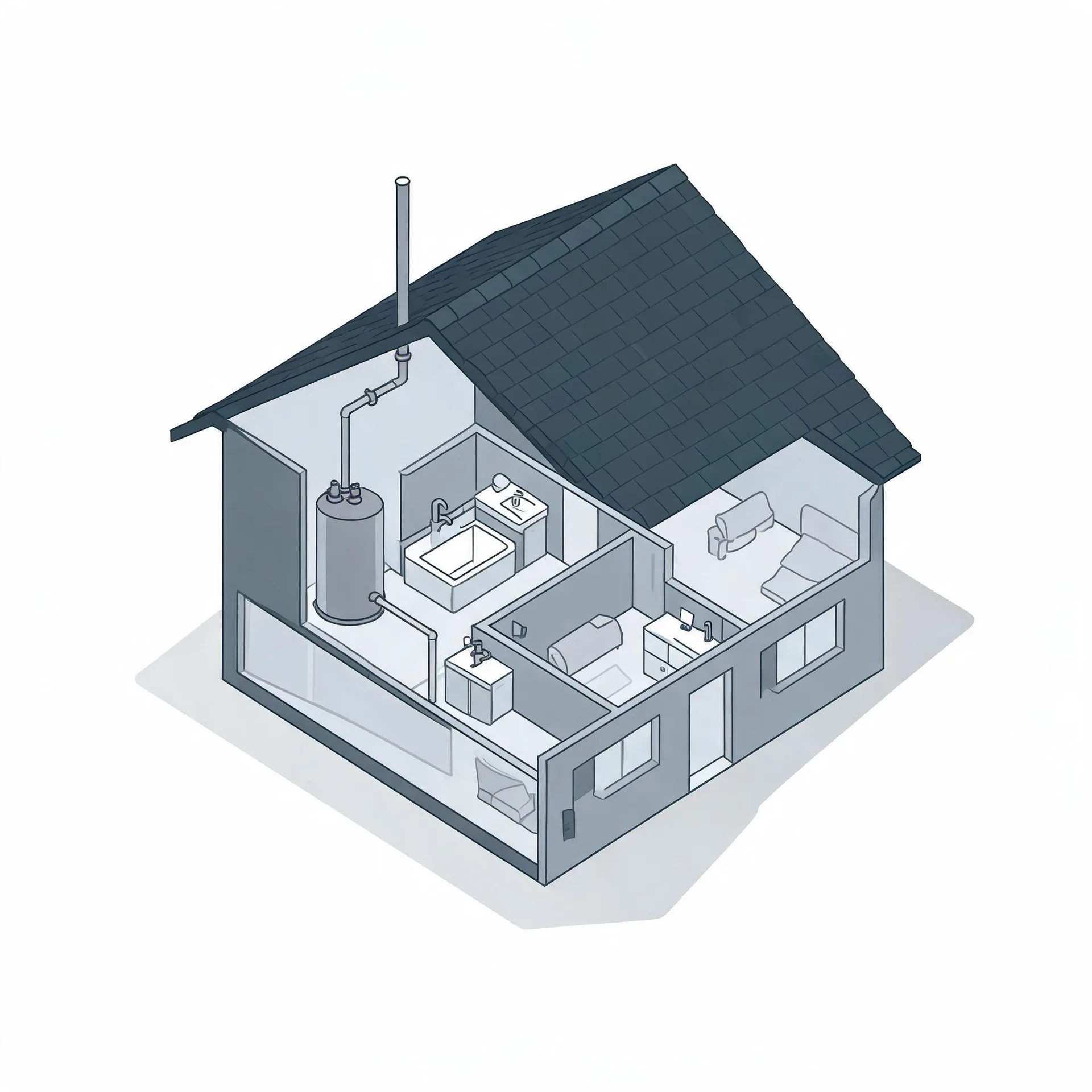 Isometric cutaway illustration of a small house showing interior rooms with a bathroom, furniture, and a cylindrical water heater connected to piping running up through the roof.