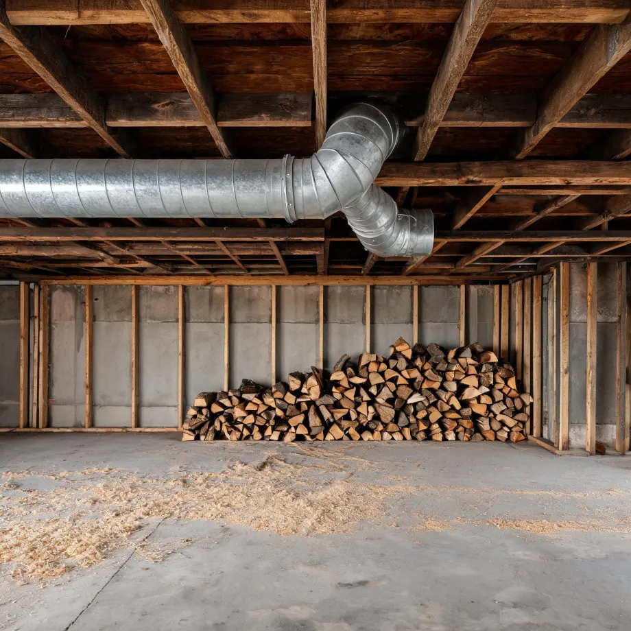 Unfinished basement with exposed wood joists, a galvanized round duct running below the ceiling, wood-framed concrete walls, and a long stack of split firewood on a concrete floor scattered with sawdust.