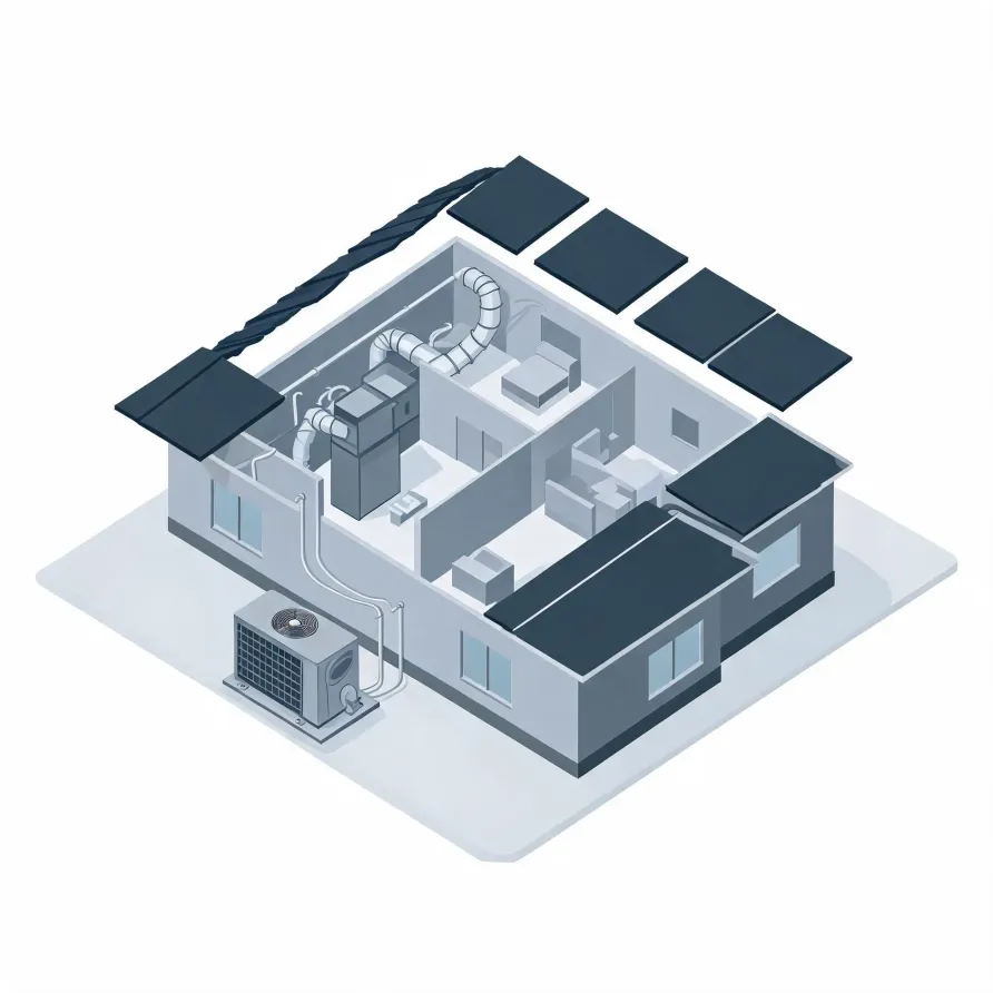 Isometric grayscale illustration of a cutaway single-story house showing interior rooms, ductwork and an air handler, an exterior condenser unit connected by lines, and dark solar panels on the roof.