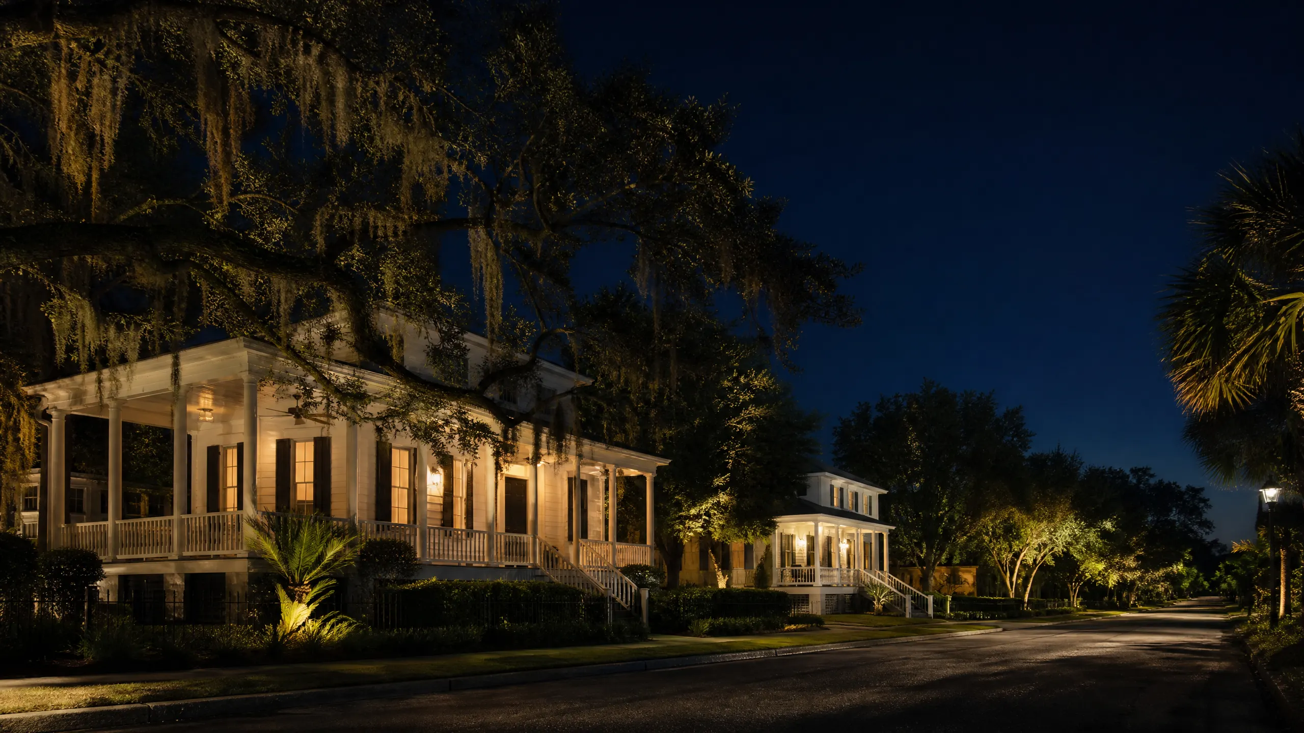 Two white Southern-style homes with wraparound porches lit by landscape lighting at night, flanked by live oak trees hung with Spanish moss.