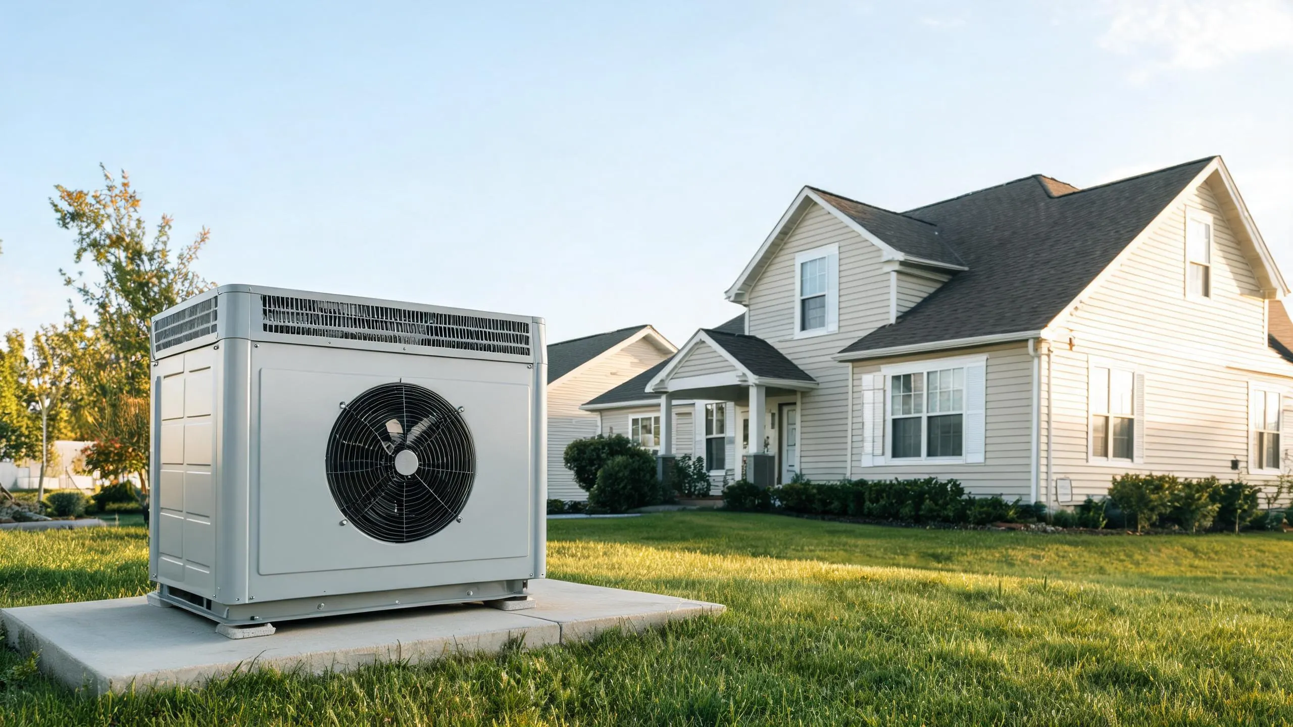 An outdoor heat pump unit mounted on a concrete pad in the front yard of a gray suburban house.