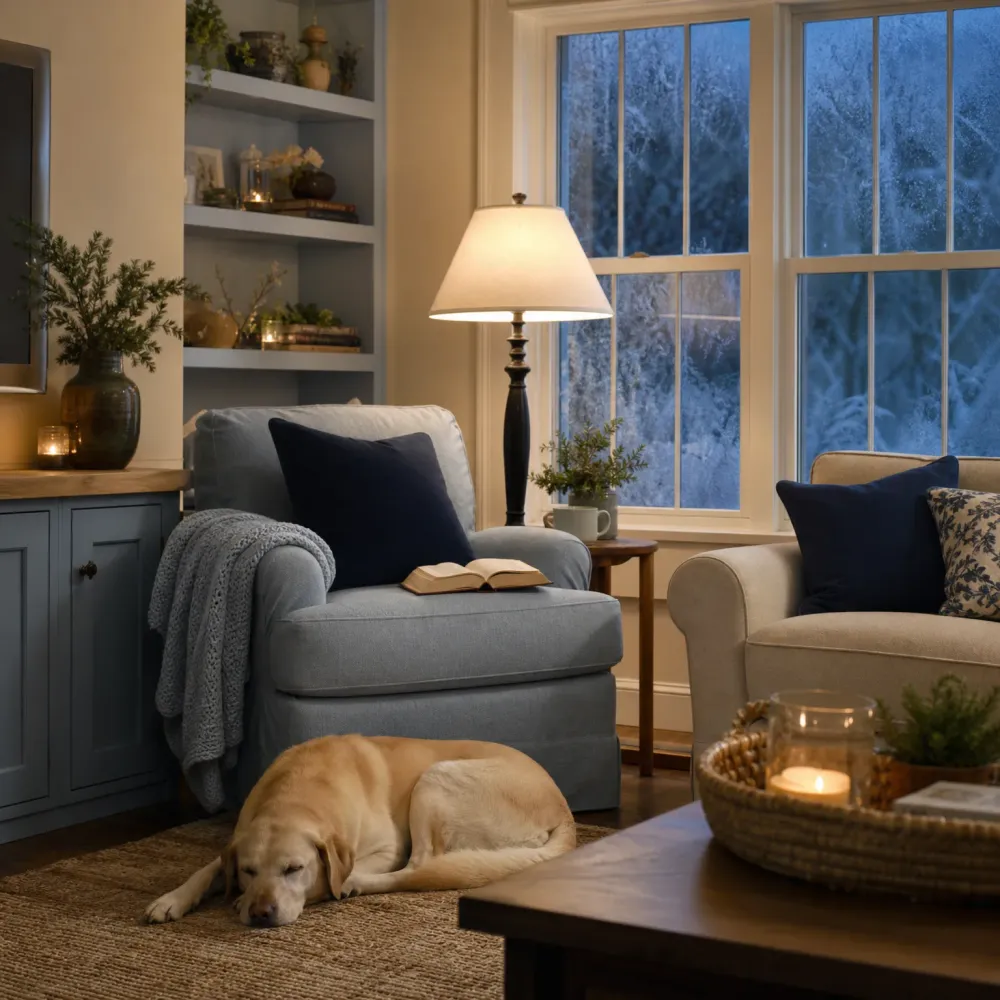 A dimly lit living room with a lamp, a gray armchair holding an open book and navy pillow, a beige sofa, built-in shelves, and a yellow Labrador sleeping on a woven rug beside a wooden table with candles.
