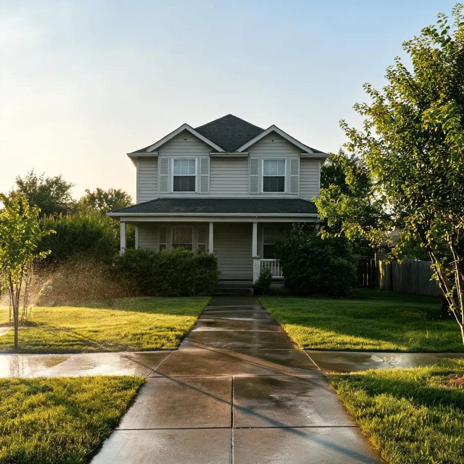 A two-story house with light siding, a covered front porch and two gabled dormers, fronted by a concrete walkway leading from a wet sidewalk across a green lawn with a running sprinkler and trees on both sides.