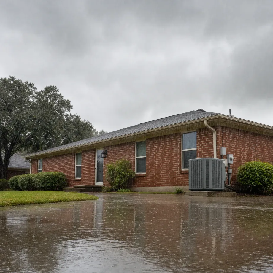 A single-story red brick house with a gray shingled roof and an outdoor air conditioning unit, seen during rainfall under overcast skies with water pooling on the driveway.