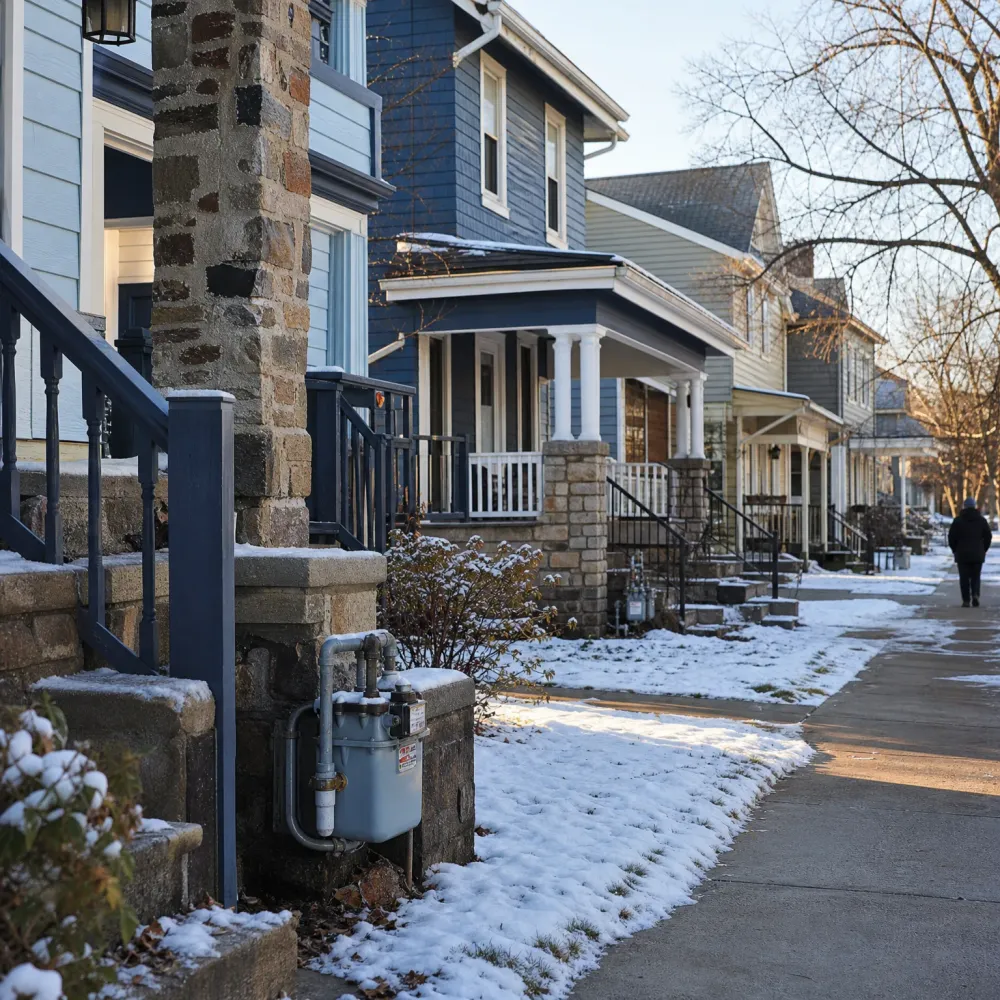A row of wood-sided houses with covered porches, stone columns and an exterior gas meter along a snow-covered street, with a person in dark clothing walking on the sidewalk in the distance.