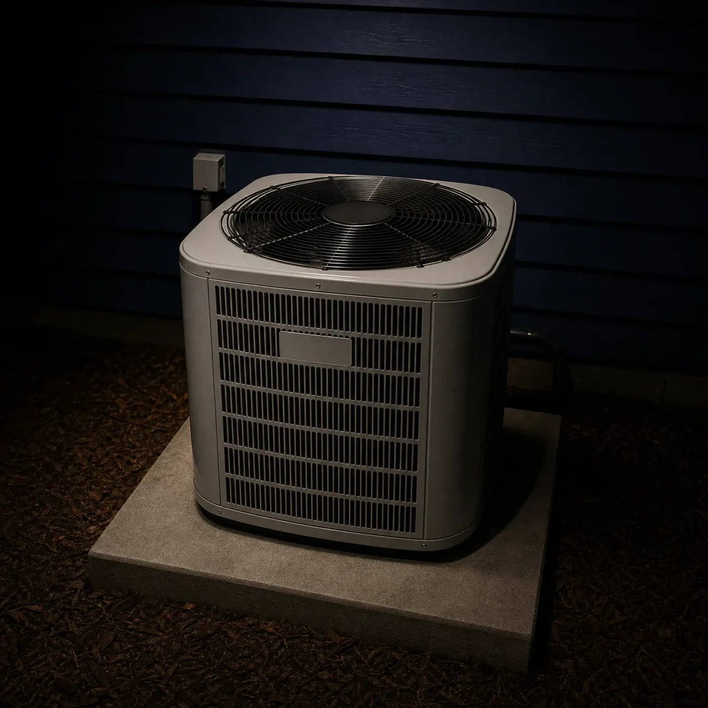 An outdoor air conditioning condenser unit with a top-mounted fan grille sits on a concrete pad surrounded by mulch, against dark horizontal siding at night.