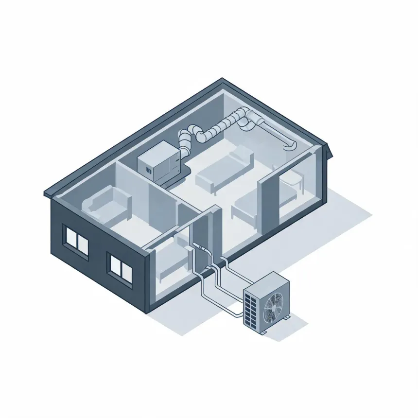 Isometric cutaway illustration of a small house showing interior rooms with furniture, an indoor air handler with flexible ducting, and refrigerant lines running to an outdoor condenser unit beside the building.