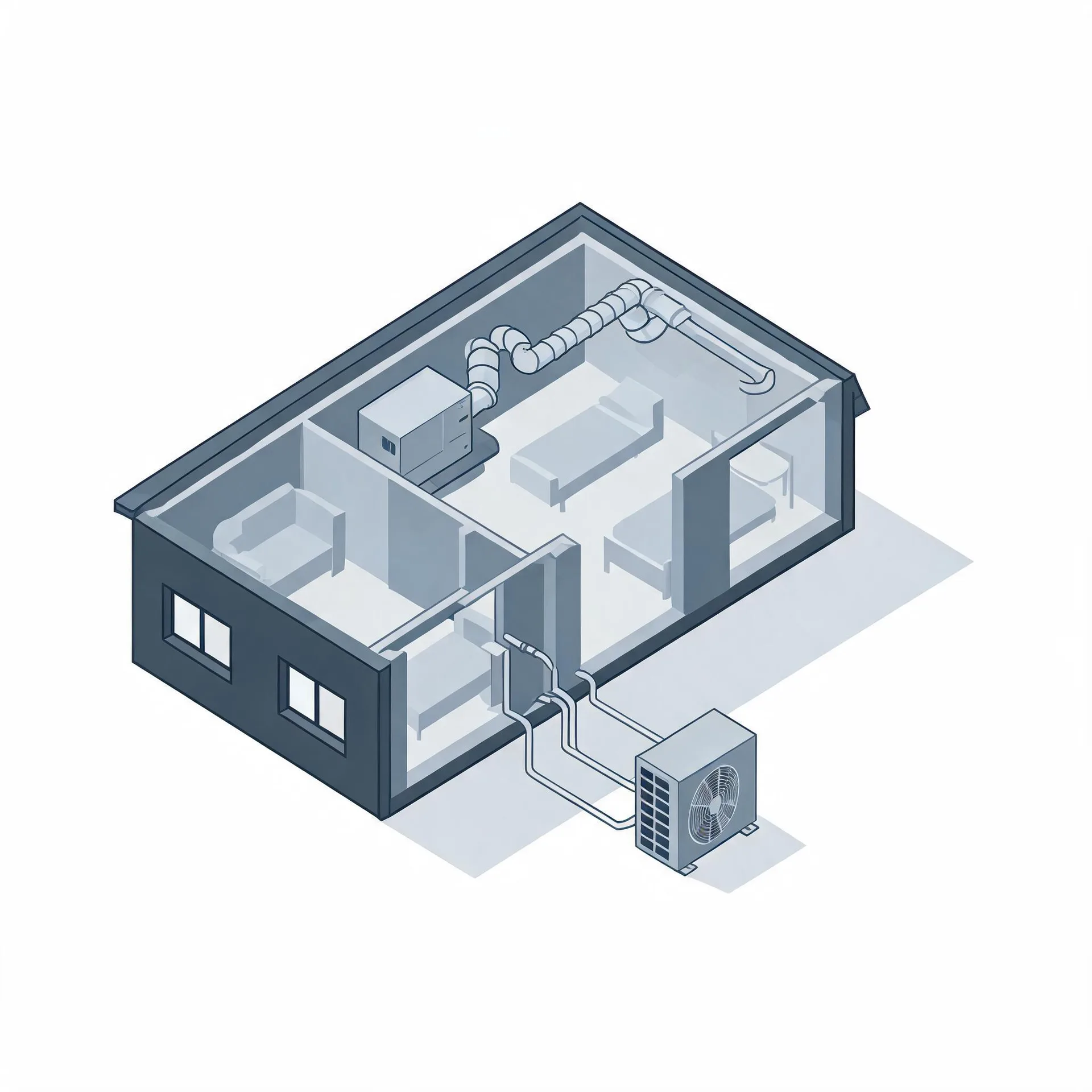 Isometric cutaway illustration of a small house showing interior rooms with furniture, an indoor air handler with flexible ducting, and refrigerant lines running to an outdoor condenser unit beside the building.