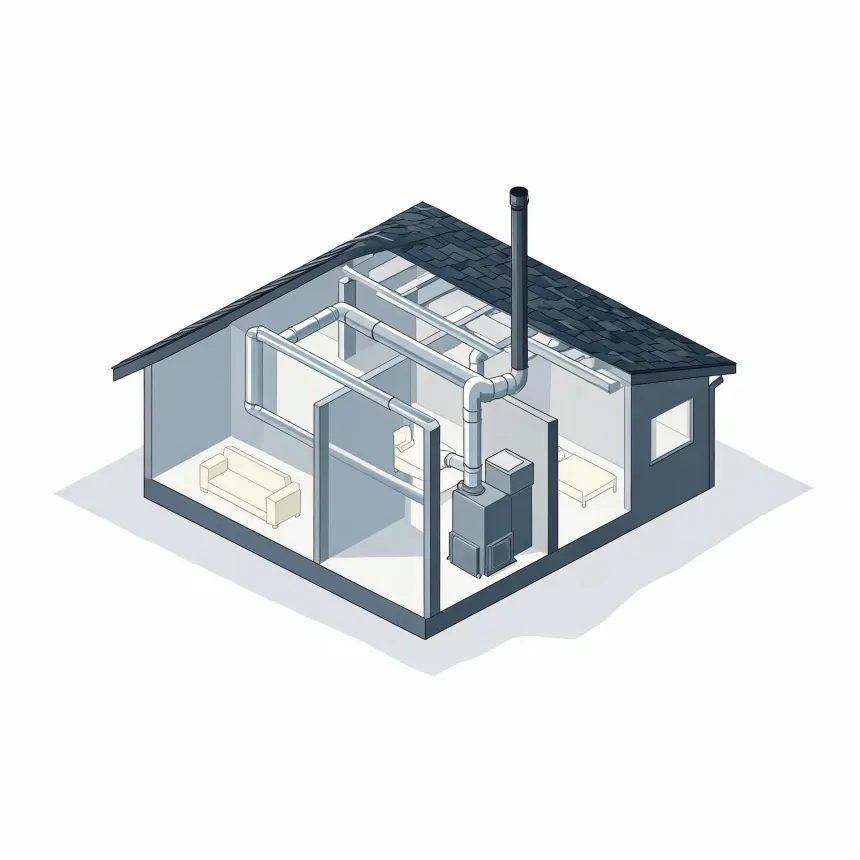 Isometric cutaway illustration of a small single-story house showing a furnace with a flue pipe through the roof and ducting running to rooms containing a sofa, chair and bed.