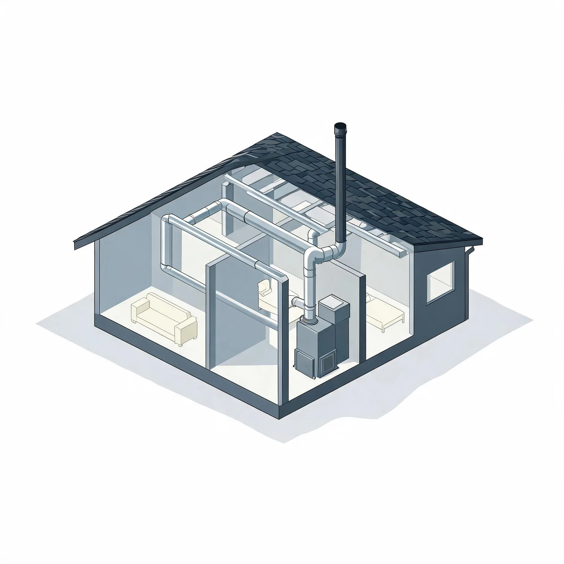 Isometric cutaway illustration of a small single-story house showing a furnace with a flue pipe through the roof and ducting running to rooms containing a sofa, chair and bed.