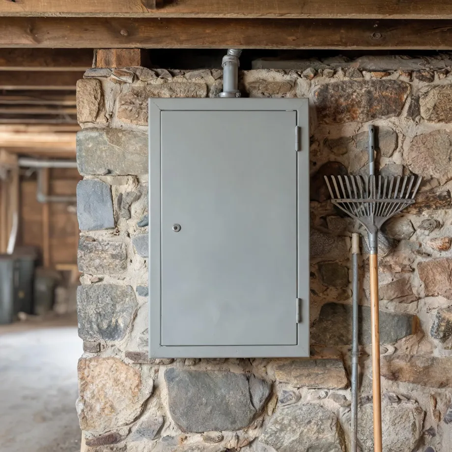 A gray metal electrical panel cabinet mounted on a mortared fieldstone basement wall beneath wooden ceiling beams, with a metal-tined rake and a long-handled tool leaning against the wall to the right.