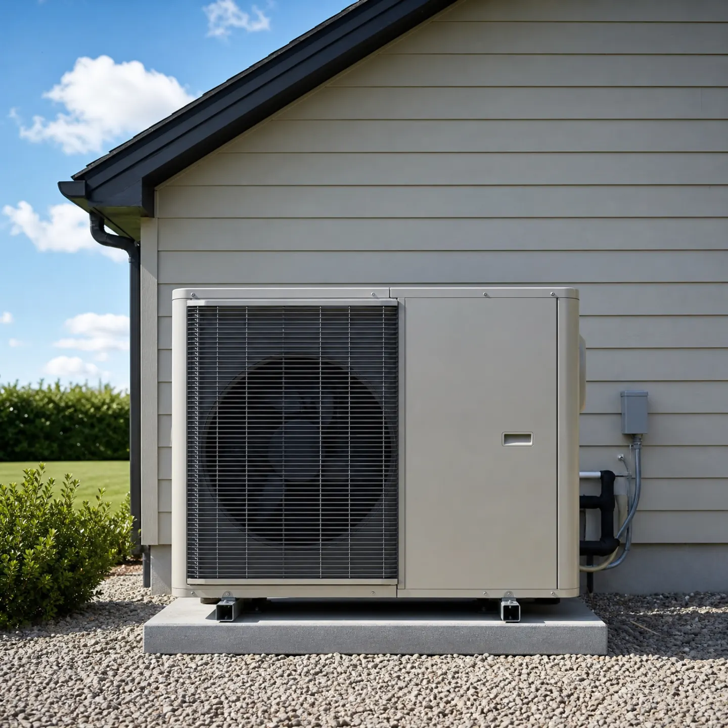 A residential heat pump outdoor unit mounted on a concrete pad next to a house with gray vinyl siding.