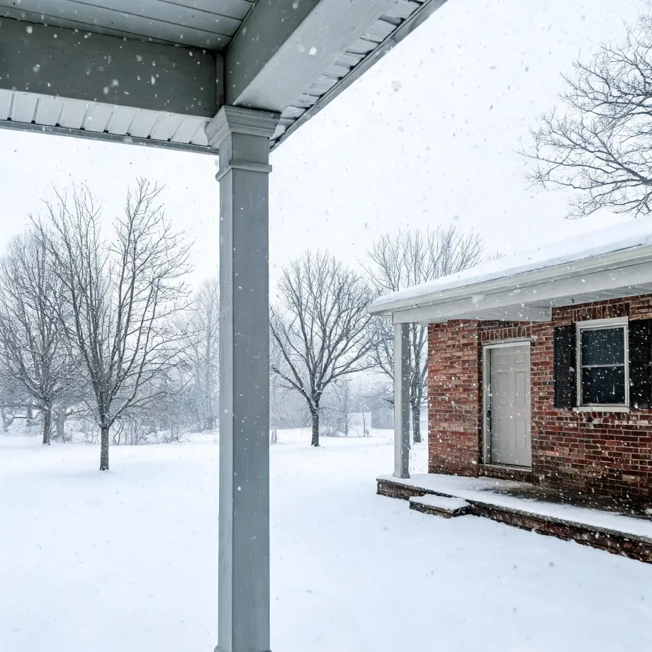 View from under a covered porch with a gray post toward a red brick house with a white door, black shutters and a window, with falling snow, snow-covered ground and bare trees.