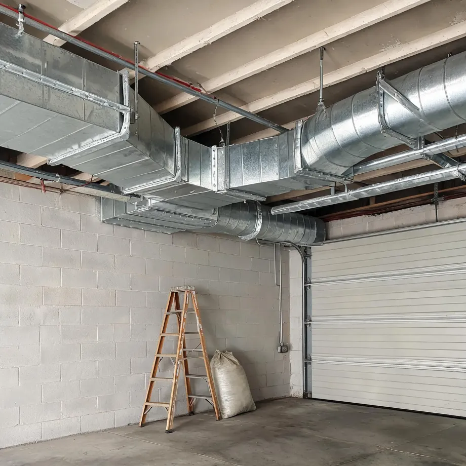 Interior of a garage with painted concrete block walls, a sectional overhead door, and exposed galvanized rectangular and round ductwork suspended from the joisted ceiling, with a wooden step ladder and a filled sack on the concrete floor.